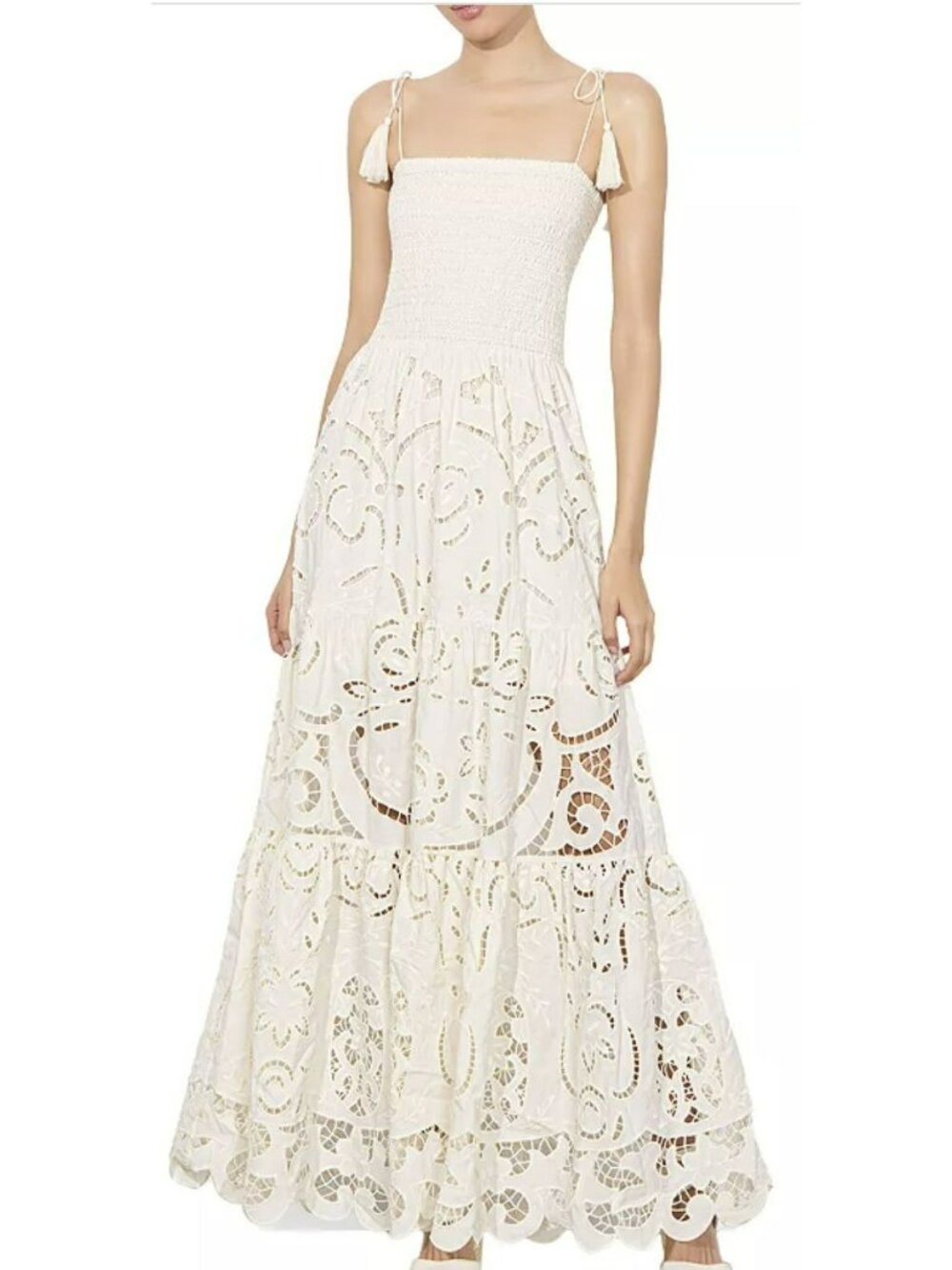 New Alice + Olivia Marna Tiered Eyelet Cream Smocked Maxi Dress Size 8